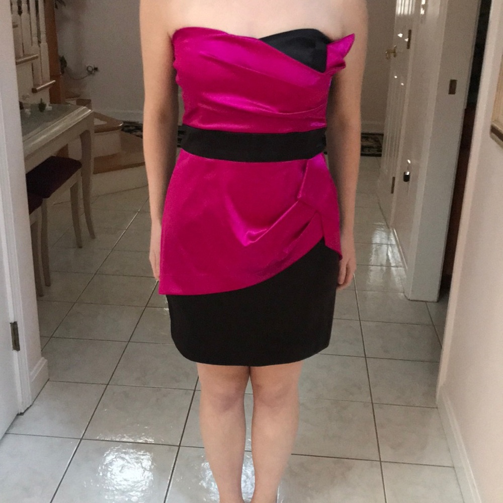 Pink and black strapless dress